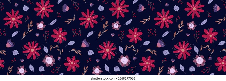 Floral seamless pattern. Vector flowers. Color sketch. Doodle background. Green leaves