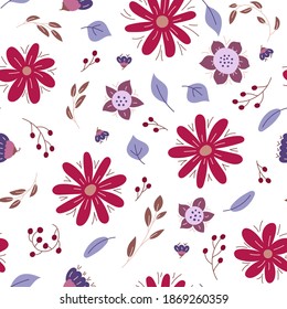 Floral seamless pattern. Vector flowers. Color sketch. Doodle background. Green leaves