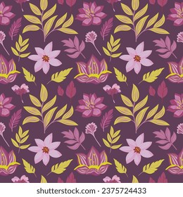 Floral seamless pattern with vector flowers and leaves. Pastel colors, vintage decoration. Ready for print on textile, wrapping paper or wallpaper