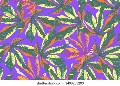 Floral seamless pattern. Vector green, orange and neon yellow leaves on purple background. For fabrics, wallpaper, home textiles, packaging, wrapping paper, gift packaging. Isolated elements.