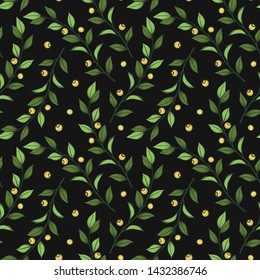 Floral seamless pattern. Vector green branches with leaves and yellow berries on black background. Design for fabrics, wallpapers, textiles, web design.