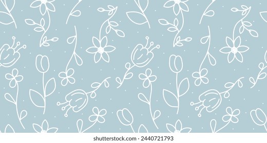 Floral seamless pattern. Vector hand drawn wild flowers, decorative blue and white ornament. Cute flowers in doodle style. Beautiful texture and background for textile and fabric. Vector illustration