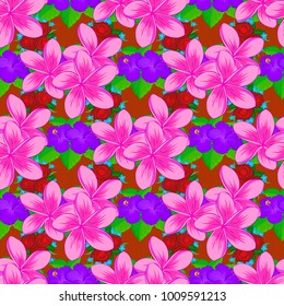 Floral seamless pattern. Vector illustration. Spring paper with abstract cute plumeria flowers in violet, pink and magenta colors.