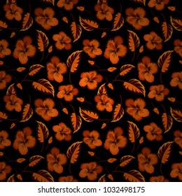 Floral seamless pattern. Vector illustration. Spring paper with abstract cute hibiscus flowers in brown, black and orange colors.