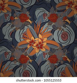 Floral seamless pattern. Vector illustration. Spring paper with abstract cute plumeria flowers in orange, gray and blue colors.