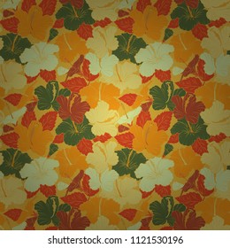 Floral seamless pattern. Vector illustration. Spring paper with abstract cute hibiscus flowers in green, yellow and orange colors.