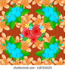 Floral seamless pattern. Vector illustration. Spring paper with abstract cute hibiscus flowers in green, orange and beige colors.