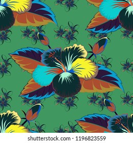 Floral seamless pattern. Vector illustration. Spring paper with abstract cute hibiscus flowers in blue, orange and green colors.
