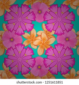 Floral seamless pattern. Vector illustration. Spring paper with abstract cute plumeria flowers in pink, magenta and blue colors.