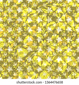 Floral seamless pattern. Vector illustration of abstract leaves, flowers, poppies, tulips, lilies and plants in shades of yellow. Designed for fashion, fabric, home decor.