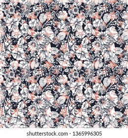 Floral seamless pattern. Vector illustration of abstract leaves, flowers, petunias and daisies in white and black. Designed for fashion, fabric, home decor.