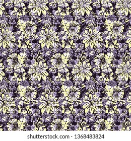 Floral seamless pattern. Vector illustration of abstract leaves, flowers, petunias and daisies in white, purple, lilac, yellow and black. Designed for fashion, fabric, home decor.