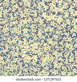 Floral seamless pattern. Vector illustration of abstract leaves, flowers, petunias and daisies in yellow, blue and cream. Designed for fashion, fabric, home decor.