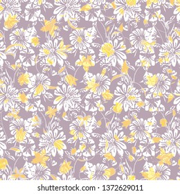 Floral seamless pattern. Vector illustration of abstract leaves, flowers, petunias and daisies in lilac and yellow. Designed for fashion, fabric, home decor.