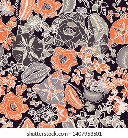 Floral seamless pattern. Vector illustration of abstract leaves, flowers, petunias, roses and daisies in orange, cream, sage, grey and black. Designed for fashion, fabric, home decor.