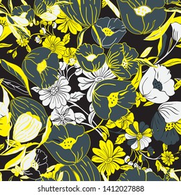 Floral seamless pattern. Vector illustration of abstract leaves, flowers, petunias, poppies and daisies in yellow, white navy and black. Designed for fashion, fabric, home decor.
