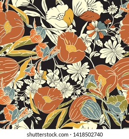 Floral seamless pattern. Vector illustration of abstract leaves, flowers, petunias, poppies and daisies in yellow, white, orange and black. Designed for fashion, fabric, home decor.