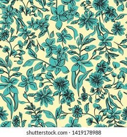 Floral seamless pattern. Vector illustration of abstract leaves, flowers, petunias, poppies and daisies in soft yellow and aqua. Designed for fashion, fabric, home decor.