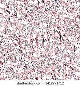 Floral seamless pattern. Vector illustration of abstract leaves, flowers, petunias, poppies and daisies in pink, red, white and black. Designed for fashion, fabric, home decor.