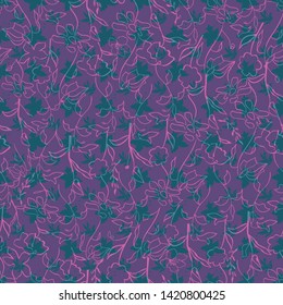 Floral seamless pattern. Vector illustration of abstract leaves, flowers, petunias, poppies and daisies in pink, purple, aqua and green. Designed for fashion, fabric, home decor.