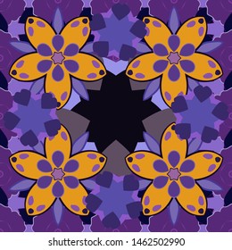 Floral seamless pattern. Vector illustration. Spring paper with abstract cute flowers in black, violet and yellow colors.