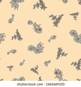 Floral seamless pattern. Vector illustration of abstract leaves, flowers, petunias and daisies in lilac, sage and yellow. Designed for fashion, fabric, home decor.