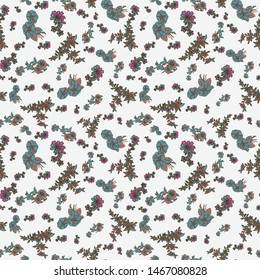 Floral seamless pattern. Vector illustration of abstract leaves, flowers, petunias and daisies in lilac, aqua, white and coral. Designed for fashion, fabric, home decor.