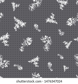 Floral seamless pattern. Vector illustration of abstract leaves, flowers, petunias and daisies in shades of grey. Designed for fashion, fabric, home decor.