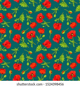 Floral seamless pattern. Vector illustration with poppy flowers. Color wallpaper with blooming poppy flowers, buds, leaves.