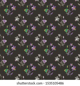 Floral seamless pattern. Vector illustration of abstract leaves, flowers, petunias, lilies and hibiscuses in yellow, lilac,purple, pink and grey. Designed for fashion, fabric.