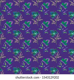 Floral seamless pattern. Vector illustration of abstract leaves, flowers, petunias, lilies and hibiscuses in lime, lilac, purple, olive, yellow, green and blue. Designed for graphic resources.