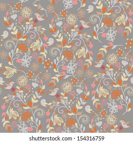 Floral seamless pattern. Vector illustration with a bird. 