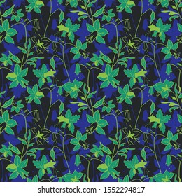 Floral seamless pattern. Vector illustration of dreamy abstract leaves, flowers, lilies and hibiscuses in blue, indigo, aqua, lime, green and black. Designed for fashion, fabric, home decor. 