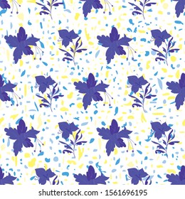 Floral seamless pattern. Vector illustration of abstract flowers, orchids and confetti in yellow, aqua, blue, indigo. Isolated from white background. Designed for fashion, fabric, home decor.