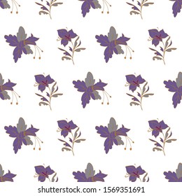 Floral seamless pattern. Vector illustration of abstract orchids and lilies in purple, lilac, orange, gold. Isolated from white background. Designed for fashion, fabric, home decor.