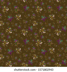 Floral seamless pattern. Vector illustration of abstract leaves, flowers, petunias, lilies and hibiscuses in yellow, cream, olive, pink, lilac, purple. Isolated from background.