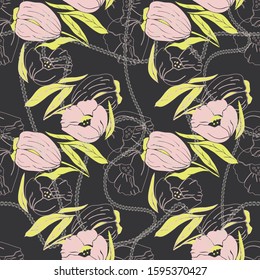 Floral seamless pattern. Vector illustration of abstract leaves, flowers, poppies, tulips and warped chains in yellow, pink, cream and charcoal. Isolated from background. Designed for fashion, fabric.