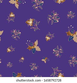 Floral seamless pattern. Vector illustration of abstract leaves, flowers, lilies and hibiscuses in cream, olive, purple and lavender. Designed for fashion, fabric, home decor.