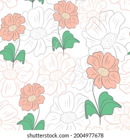 Floral seamless pattern, vector illustration. Continuous botanical background with flowers. Hand drawing.