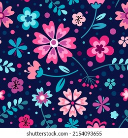 Floral seamless pattern. Vector illustration with small wild flowers. Millefleurs pattern for wrapping, fashion. Pink, red, blue and turquoise colors.