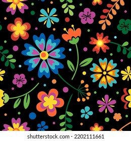 Floral seamless pattern. Vector illustration with small wild flowers. Millefleurs pattern for wrapping, fashion. Orange, red, green and turquoise colors on black background.