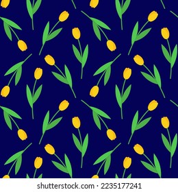 Floral seamless pattern. Vector illustration of yellow tulips on navy blue background. Textile and packaging paper design.