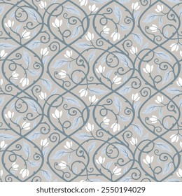 Floral naadloze patroon vector illustratie. Zilvergrijs botanisch ontwerp met wervelingen, wijnstokken, bloemen en bladeren. Abstracte neutrale verticale herhaalde achtergrond voor stoffen, textiel, behang, print