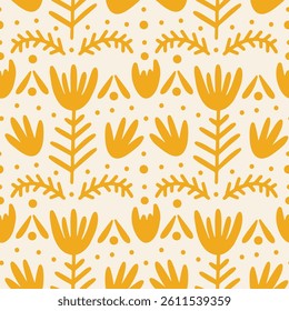 Floral seamless pattern with vector illustration of various plants, leaves and white flowers in retro cartoon groovy 70s hippie funky style. Abstract colored mediterranean folk art for wrapping paper
