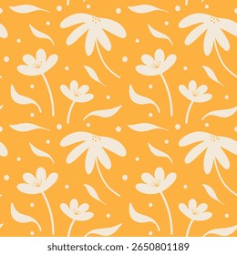 Floral seamless pattern with vector illustration of various plants, leaves and white flowers in retro cartoon groovy 70s hippie funky style. Abstract colored mediterranean folk art for wrapping paper