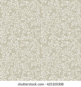 Floral seamless pattern - vector illustration of detailed white ornament of plant twigs and curled branches on olive background