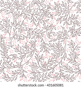 Floral seamless pattern - vector illustration of detailed coffee brown ornament of plant twigs and curled branches on white