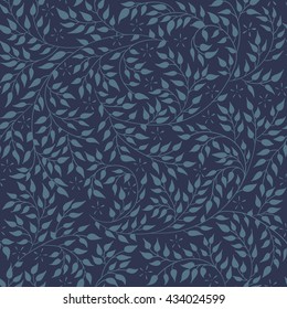 Floral seamless pattern - vector illustration of detailed blue ornament of plant twigs and curled branches