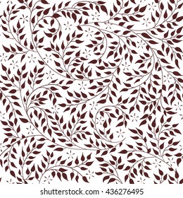 Floral Seamless Pattern - Vector Illustration Of Detailed Coffee Brown Ornament Of Plant Twigs And Curled Branches On White