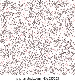 Floral seamless pattern - vector illustration of detailed coffee brown ornament of plant twigs and curled branches on white